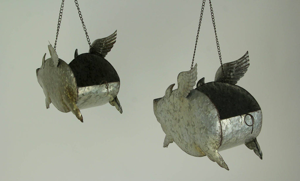 LG Distressed Metal Flying Pig Hanging Planters