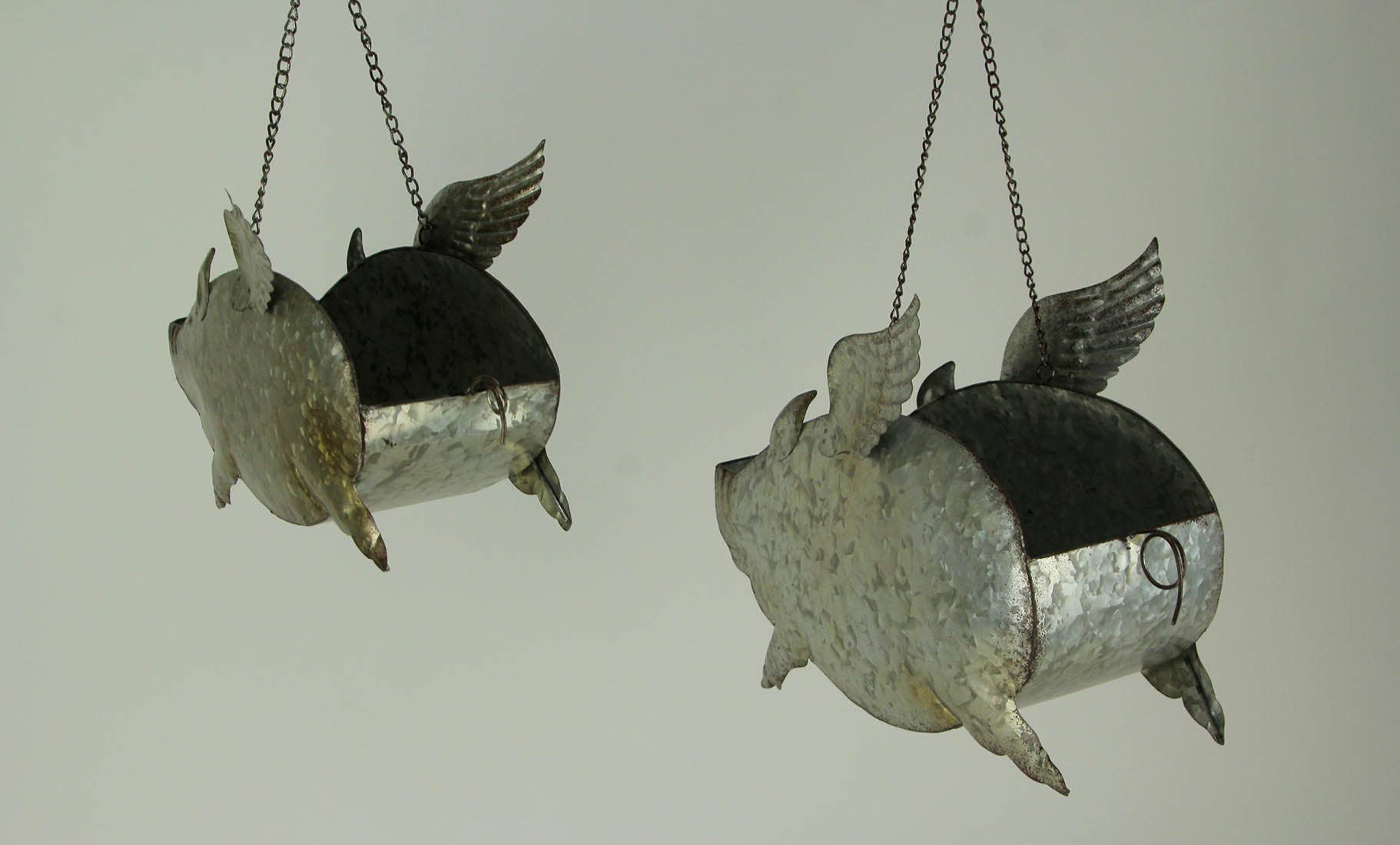 LG Distressed Metal Flying Pig Hanging Planters