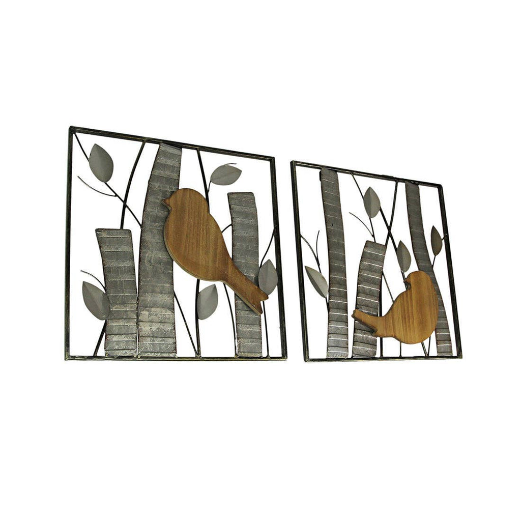 Set of 2 Rustic Wood & Metal Leaf Birds Wall Art