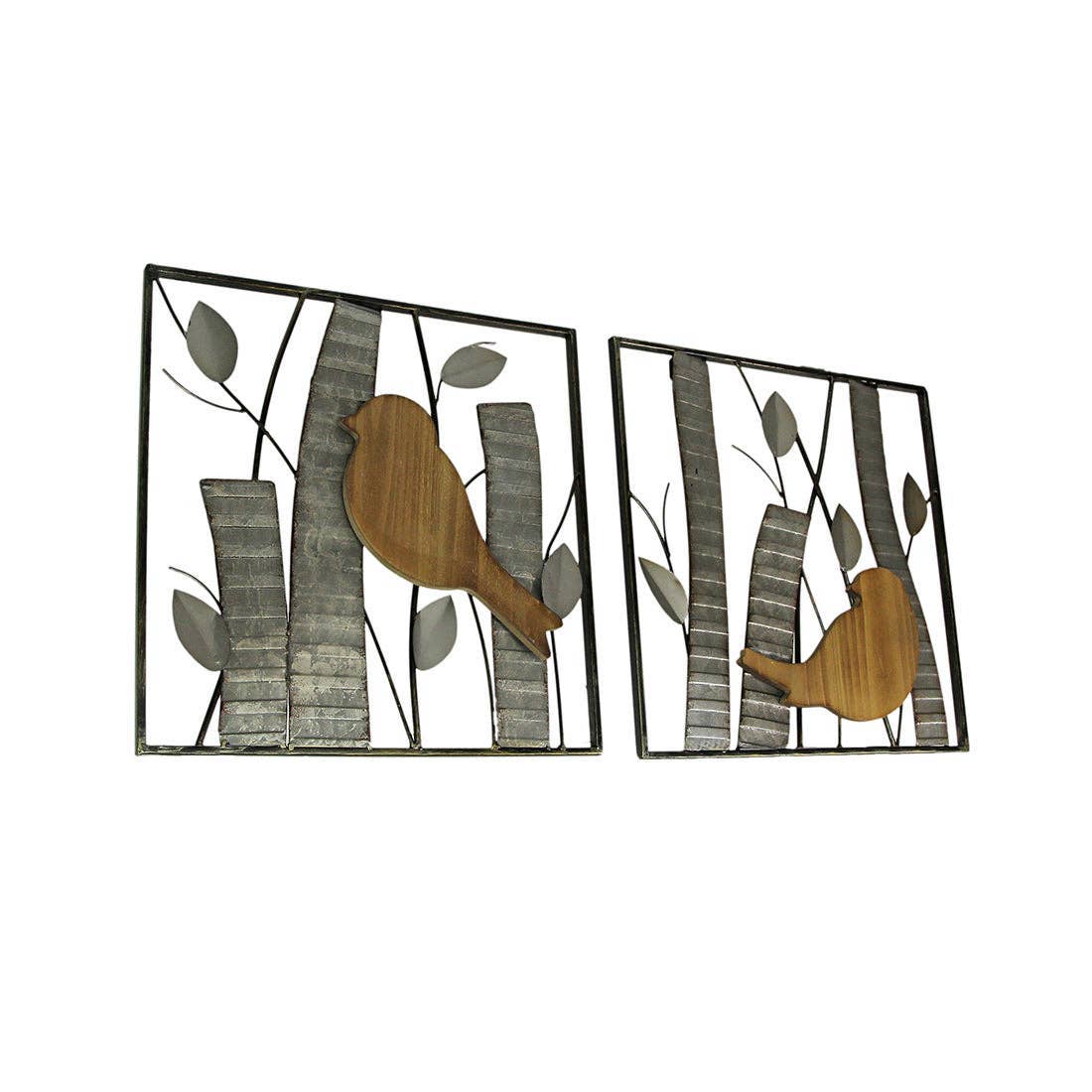 Set of 2 Rustic Wood & Metal Leaf Birds Wall Art