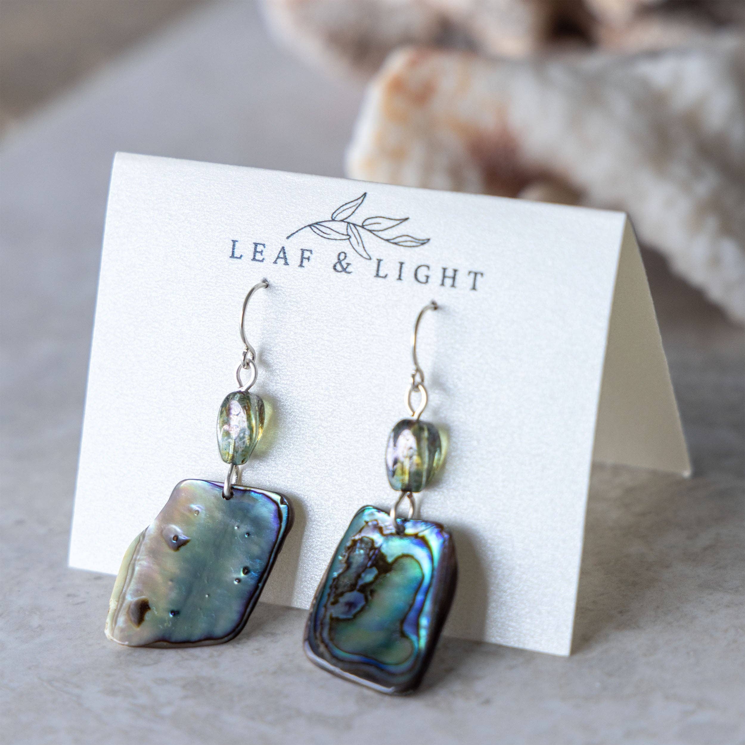 PAUA SHELL EARRINGS WITH VINTAGE GLASS | STERLING SILVER DANGLY EARRINGS