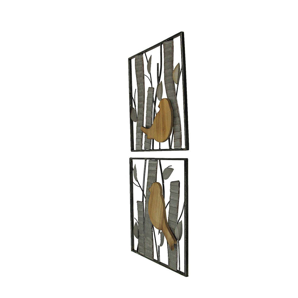 Set of 2 Rustic Wood & Metal Leaf Birds Wall Art
