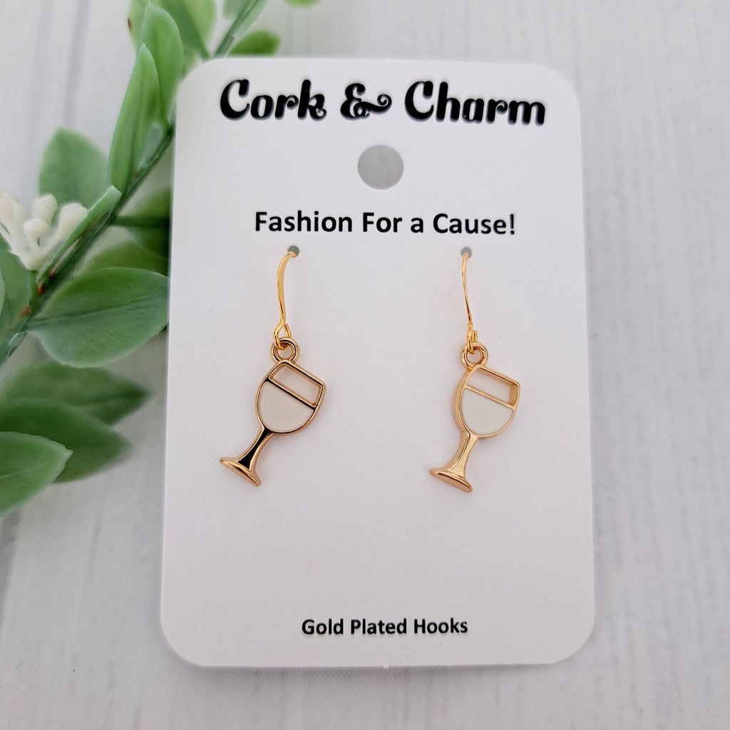 White Wine Glass Drink Enamel Resin Gold Earrings