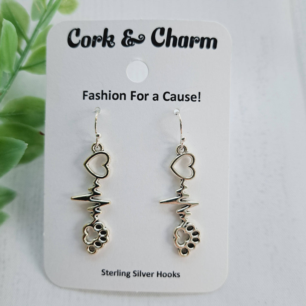 Silver Paw Print Heart Beat Sterling Silver Earrings