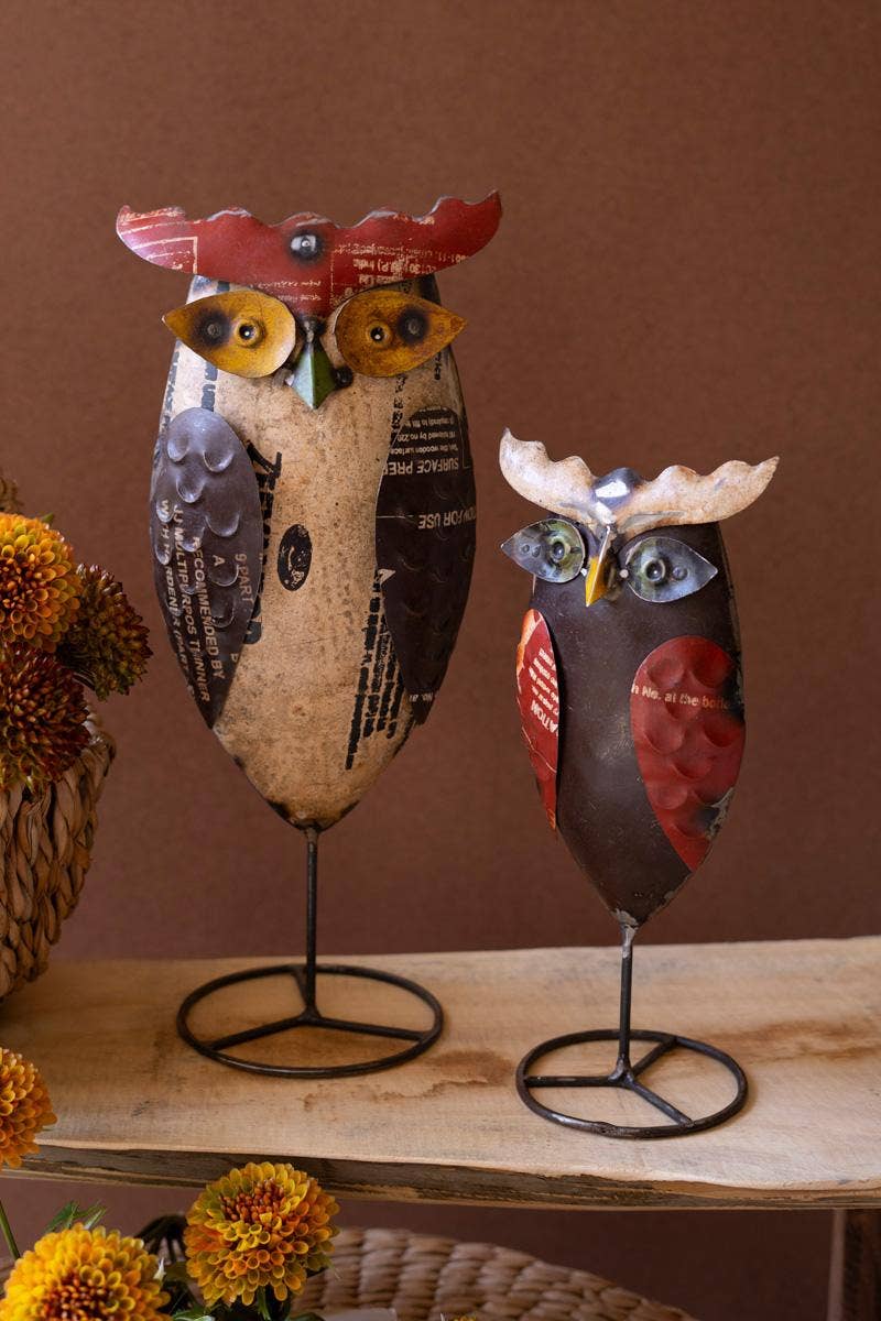 RECYCLED IRON OWLS ON STANDS