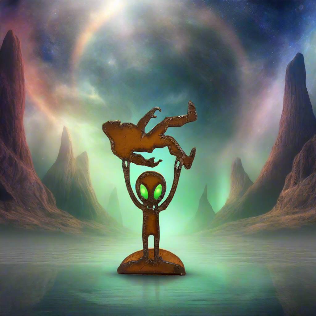 Alien Holding Bigfoot Rustic Metal Desk Top Figurine USA