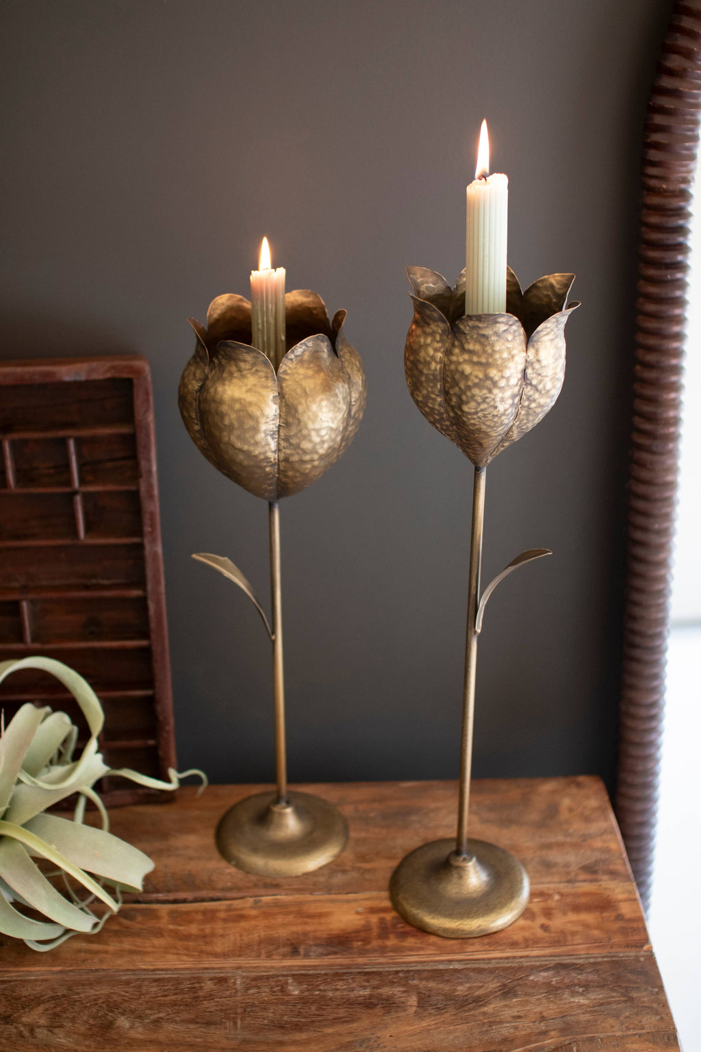 SET OF TWO ANTIQUE BRASS TULIP TAPER CANDLE HOLDERS