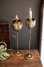 SET OF TWO ANTIQUE BRASS TULIP TAPER CANDLE HOLDERS
