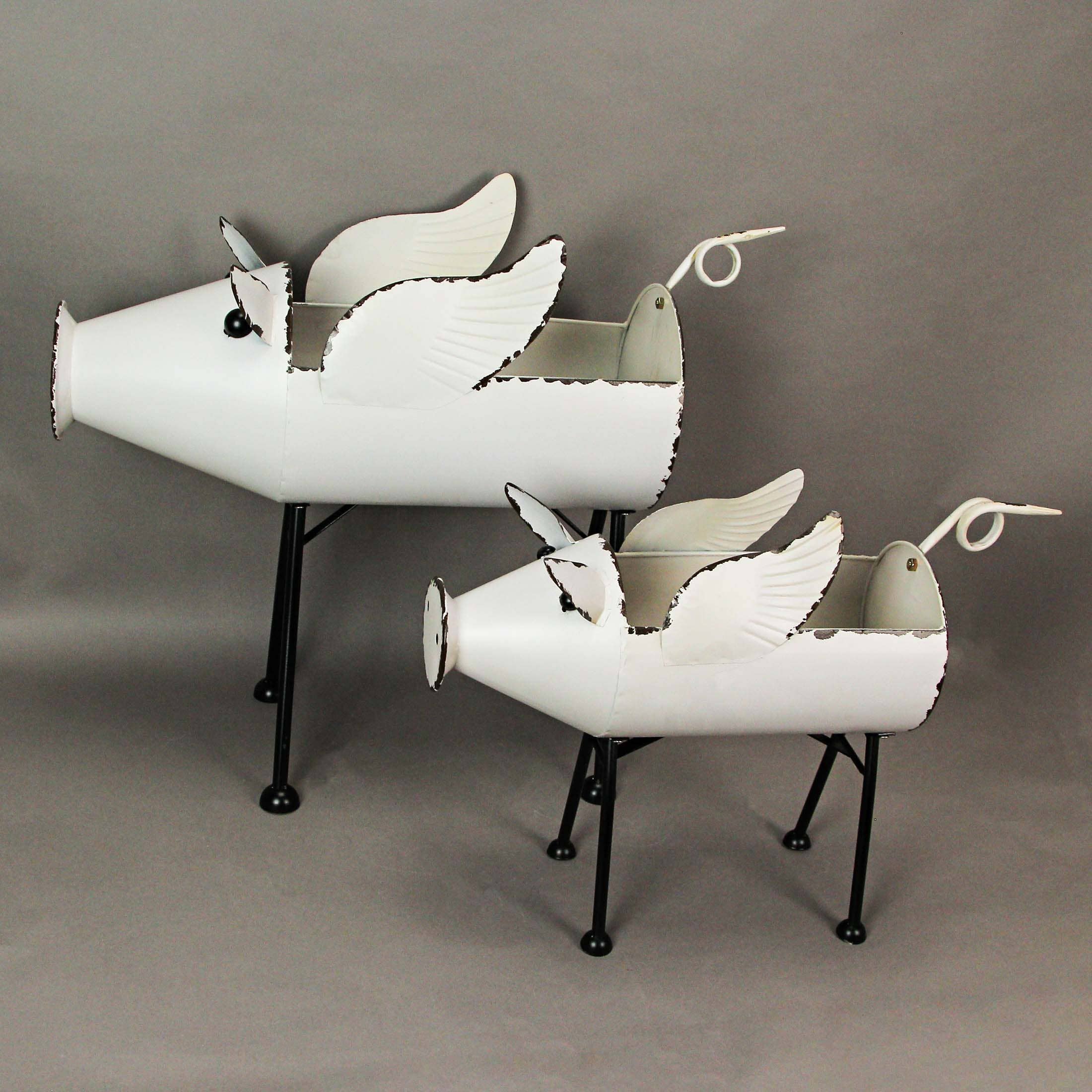 White Galvanized LG Metal Flying Pig Standing Planter