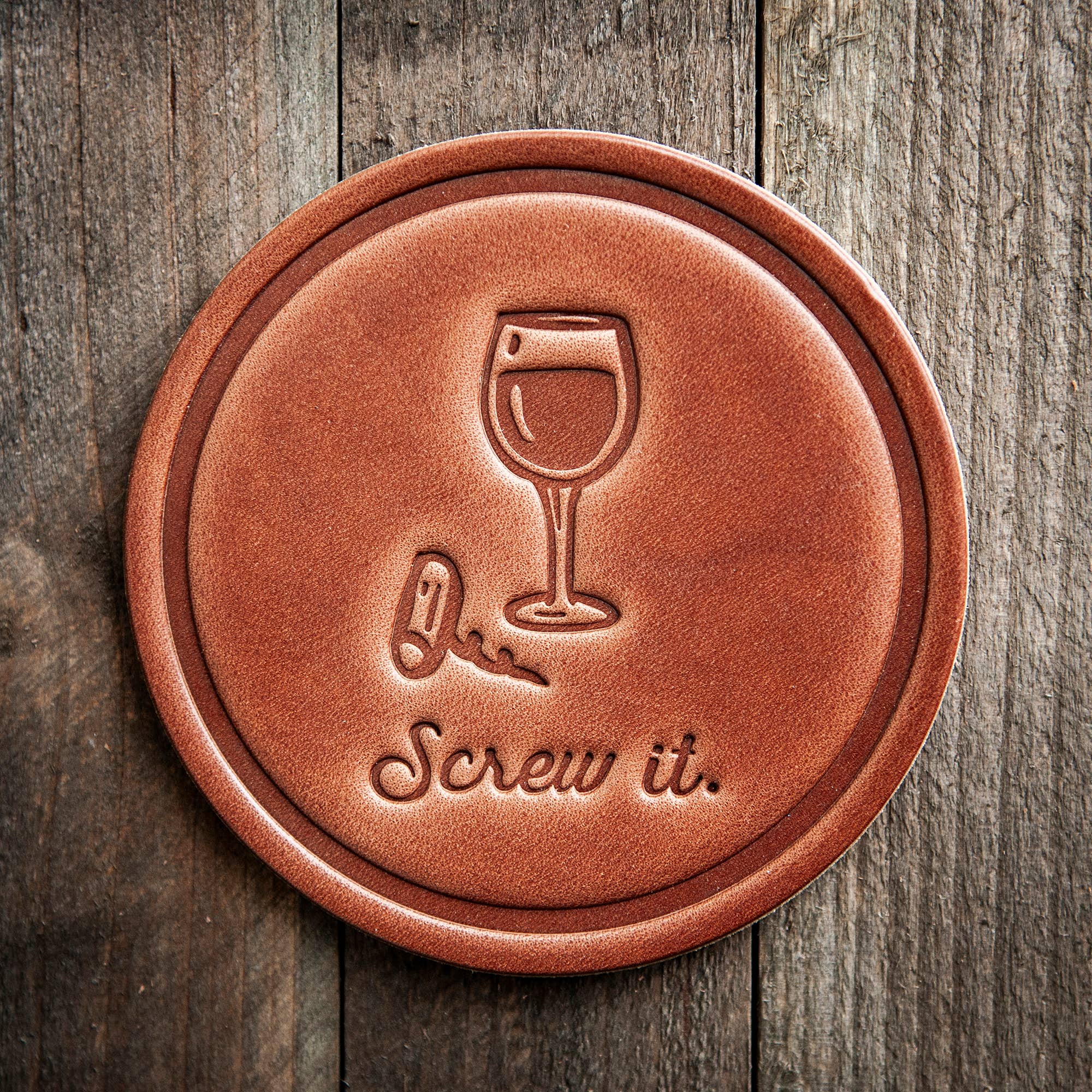 Screw It Wine Glass Corkscrew Leather Coaster