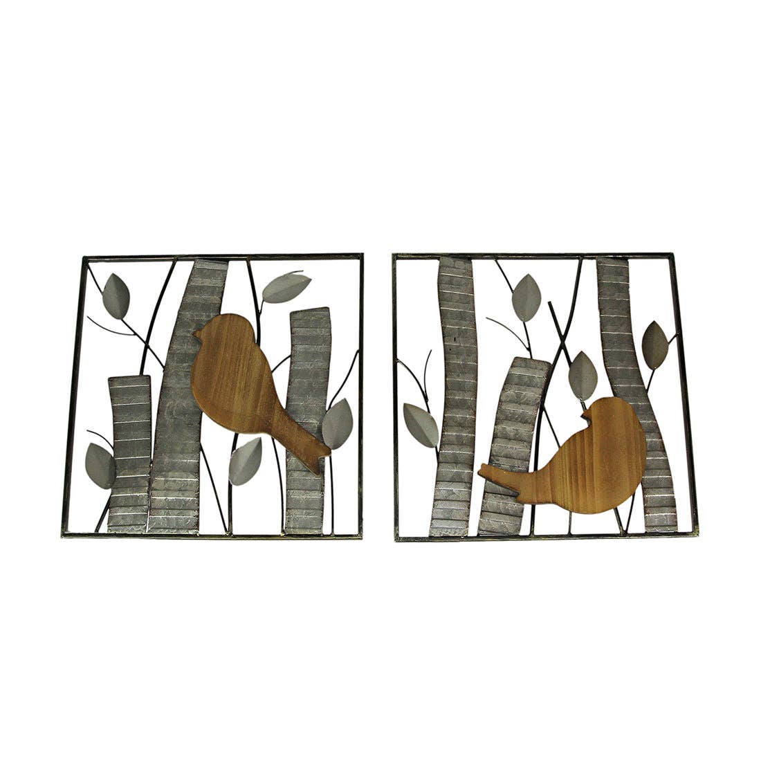 Set of 2 Rustic Wood & Metal Leaf Birds Wall Art