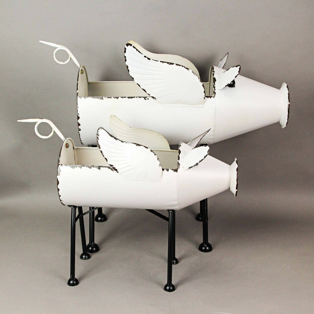 White Galvanized LG Metal Flying Pig Standing Planter