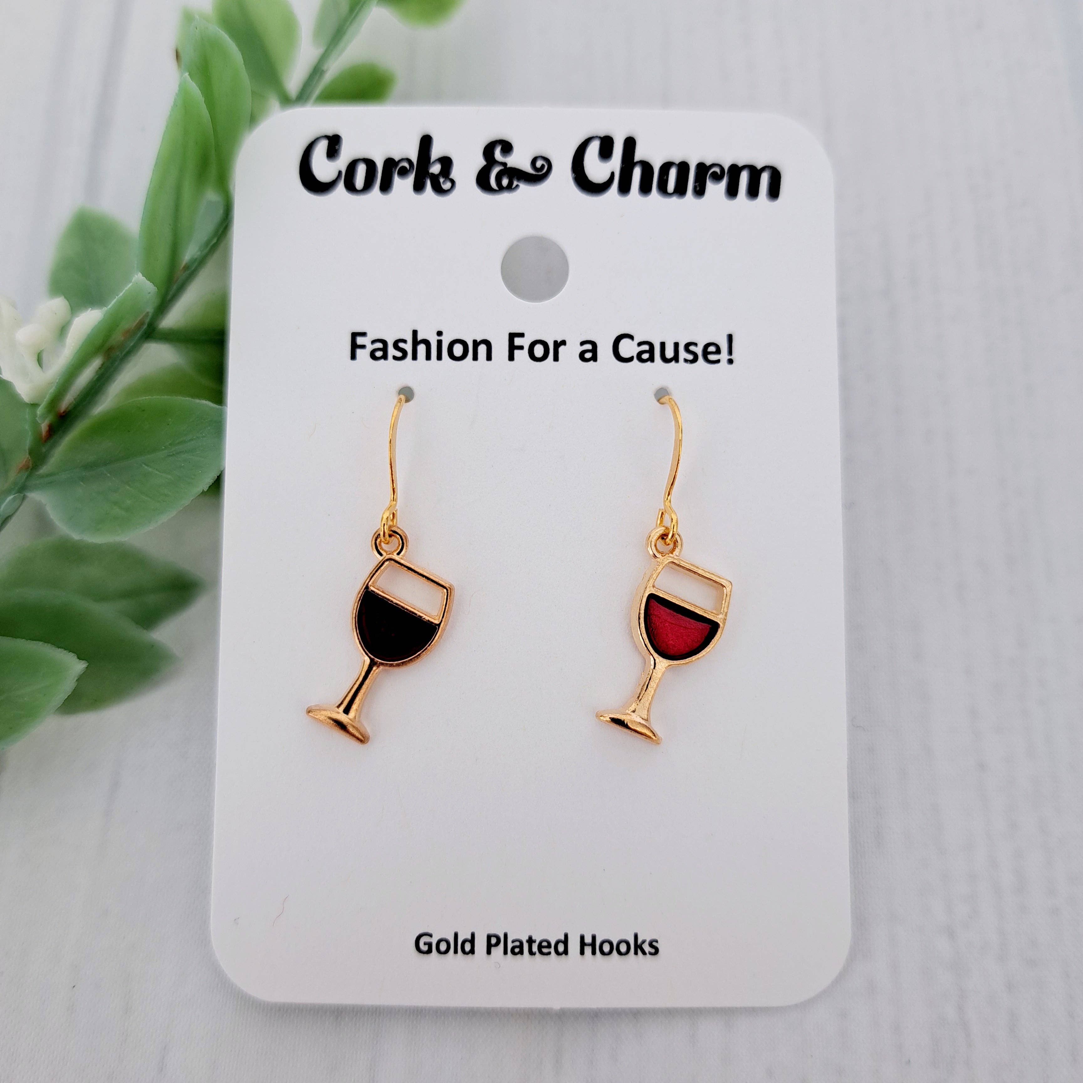 Red Wine Glass Drink Enamel Resin Gold Earrings