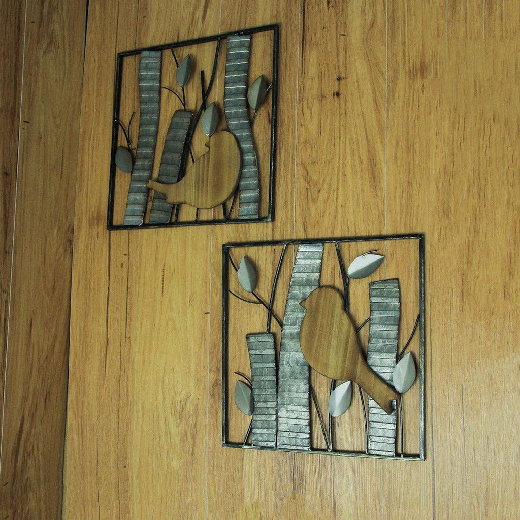 Set of 2 Rustic Wood & Metal Leaf Birds Wall Art