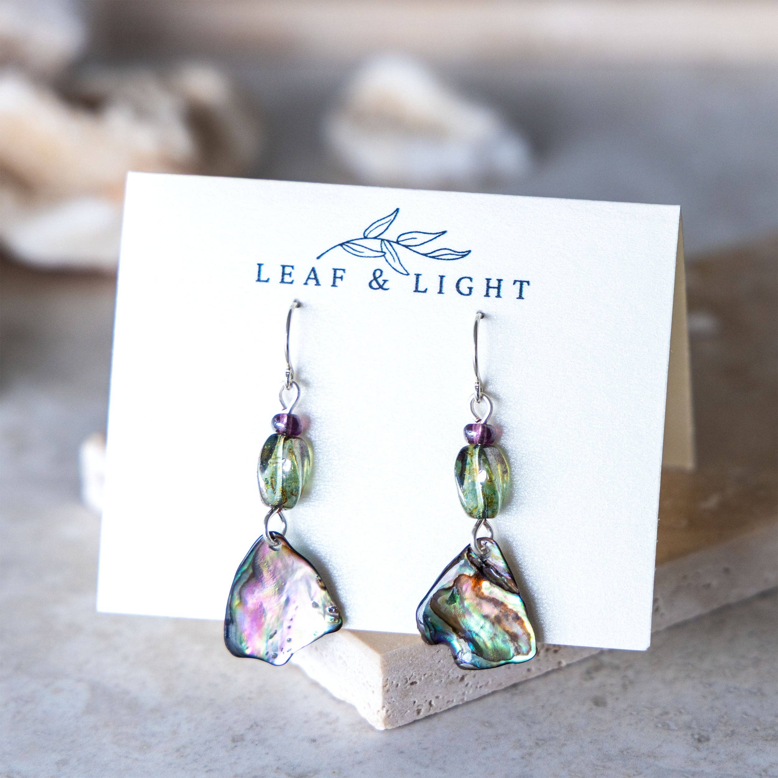 PAUA SHELL EARRINGS WITH VINTAGE GLASS | STERLING SILVER DANGLY EARRINGS