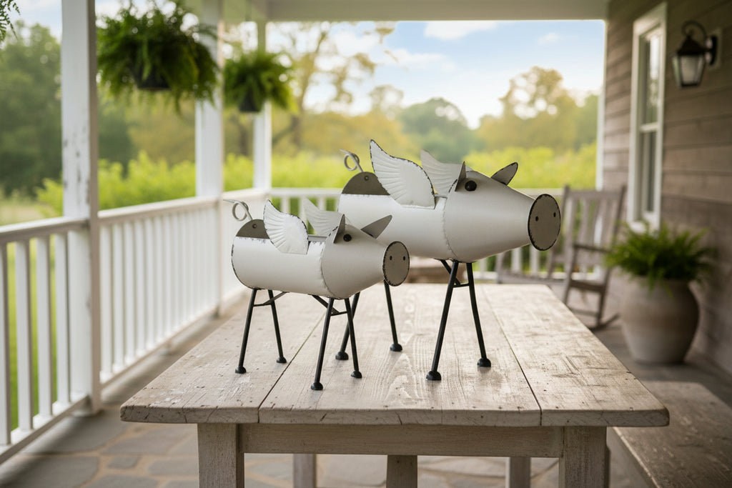 White Galvanized LG Metal Flying Pig Standing Planter