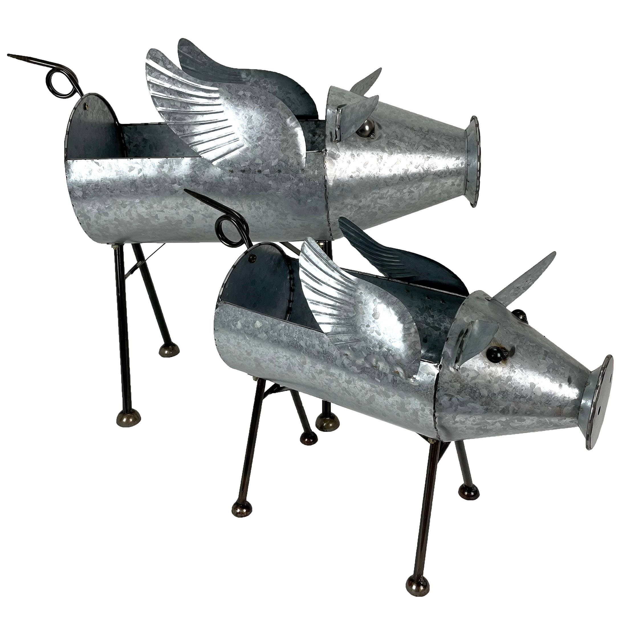 SM Distressed Galvanized Gray Metal Flying Pig Planter