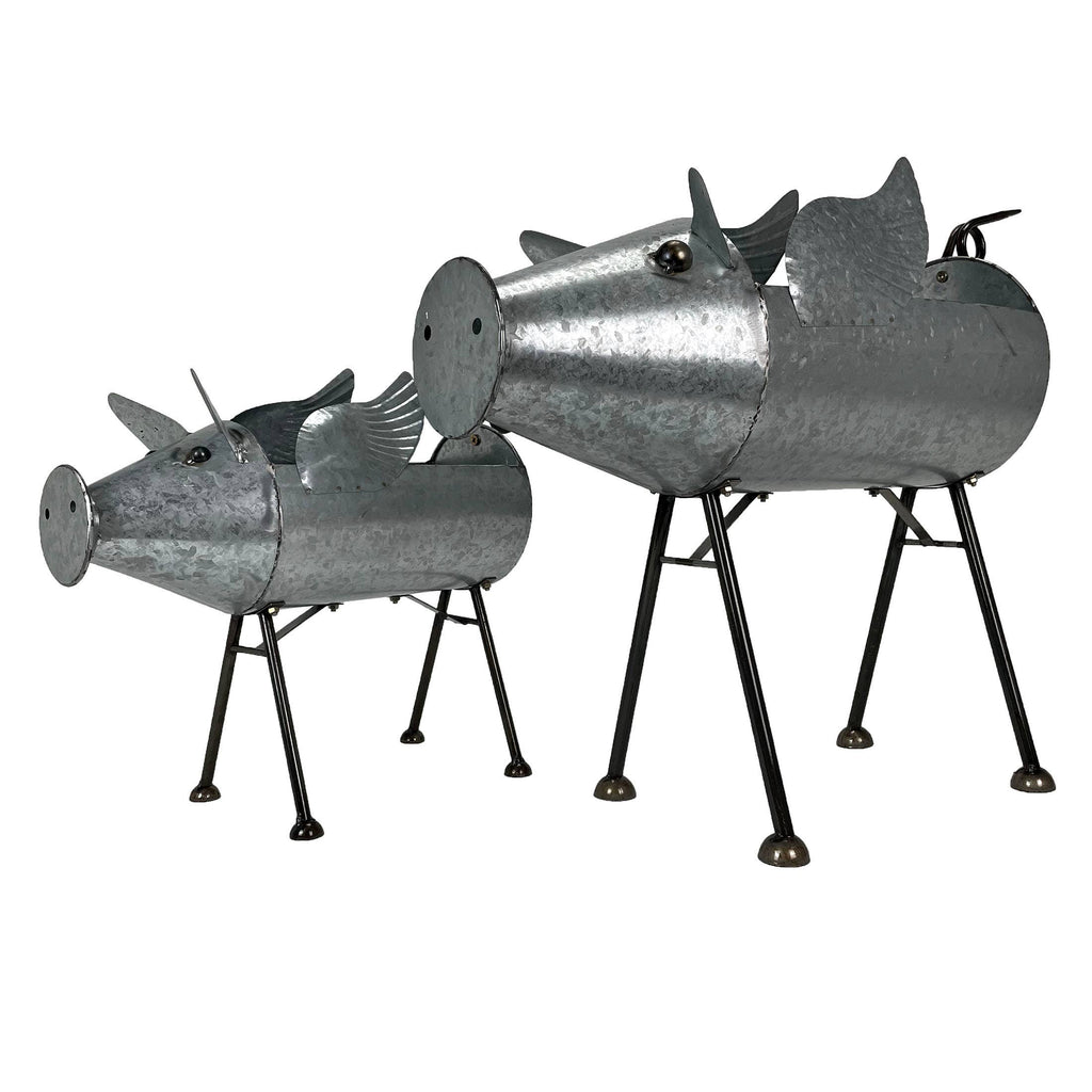 SM Distressed Galvanized Gray Metal Flying Pig Planter