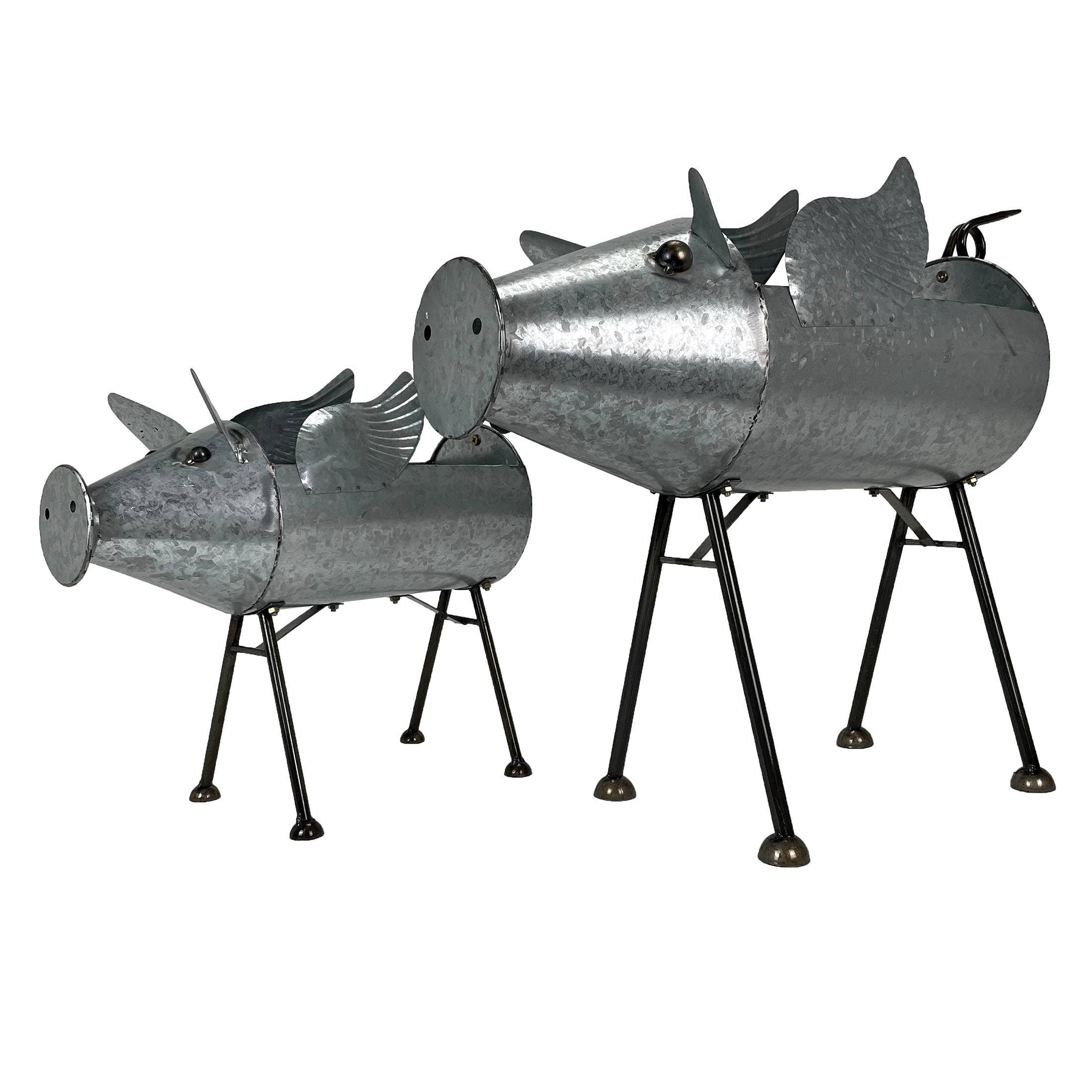 SM Distressed Galvanized Gray Metal Flying Pig Planter