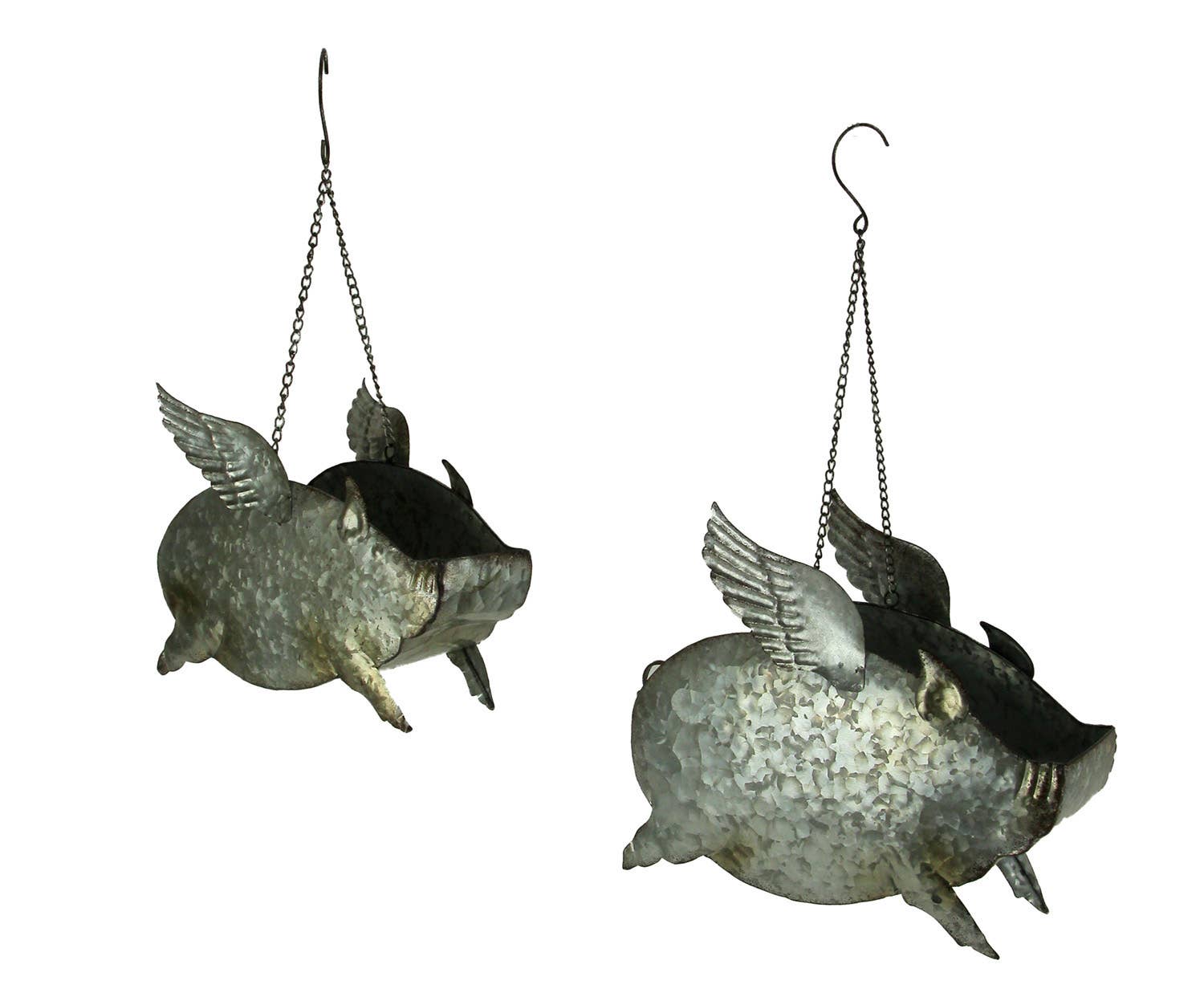 LG Distressed Metal Flying Pig Hanging Planters