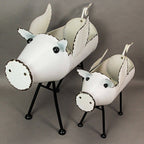 White Galvanized LG Metal Flying Pig Standing Planter