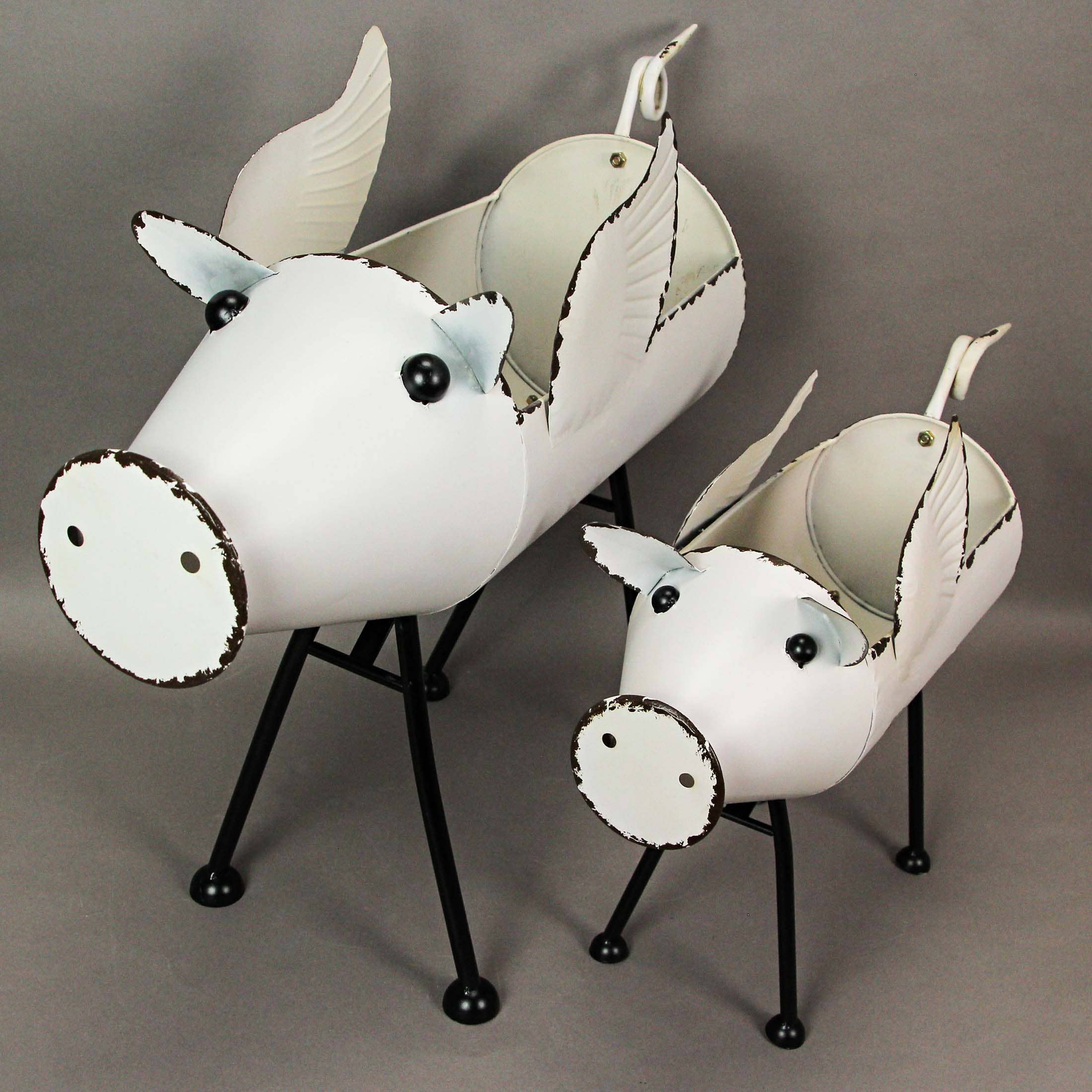 White Galvanized LG Metal Flying Pig Standing Planter