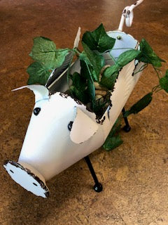 White Galvanized SM Metal Flying Pig Standing Planter