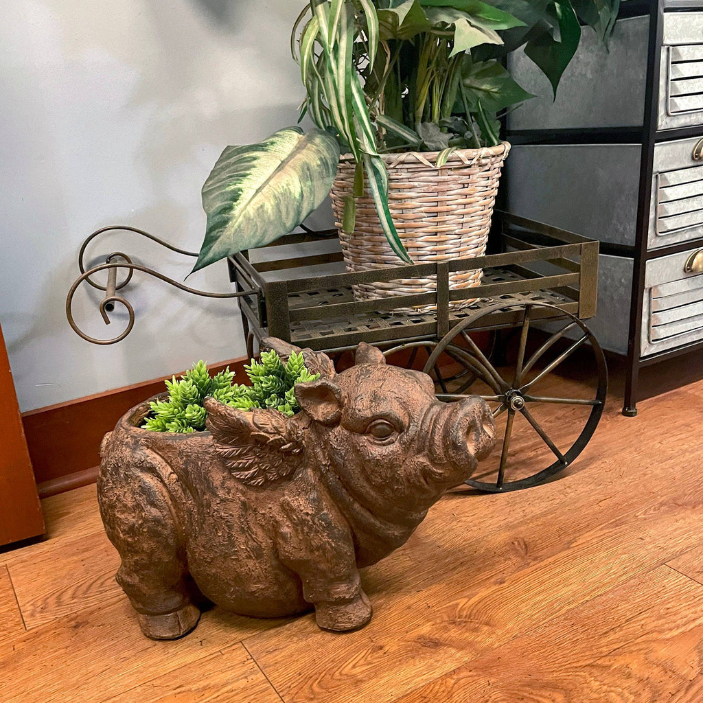 Whimsical Flying Pig Planter with Drain Hole – 17 Inch