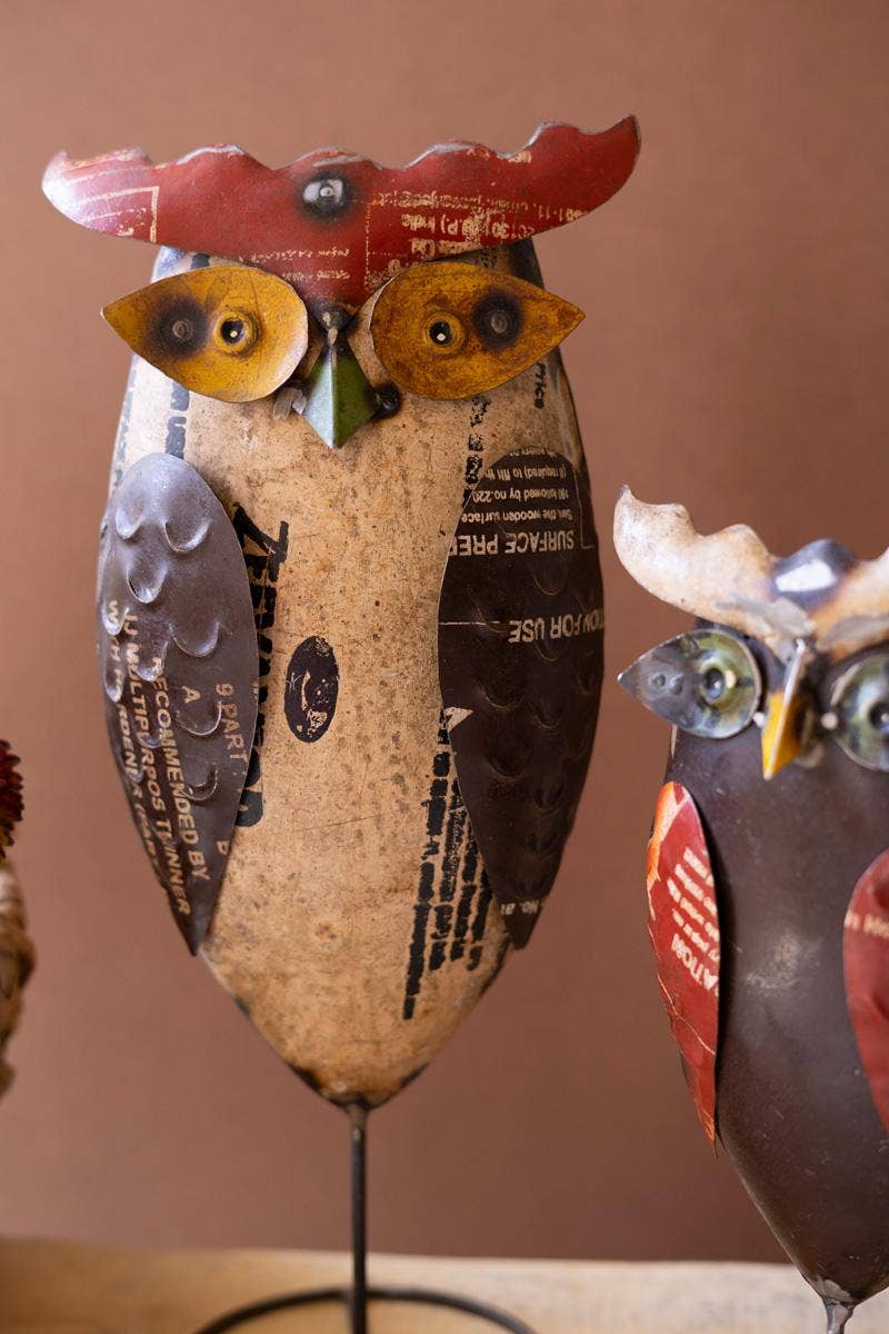 RECYCLED IRON OWLS ON STANDS