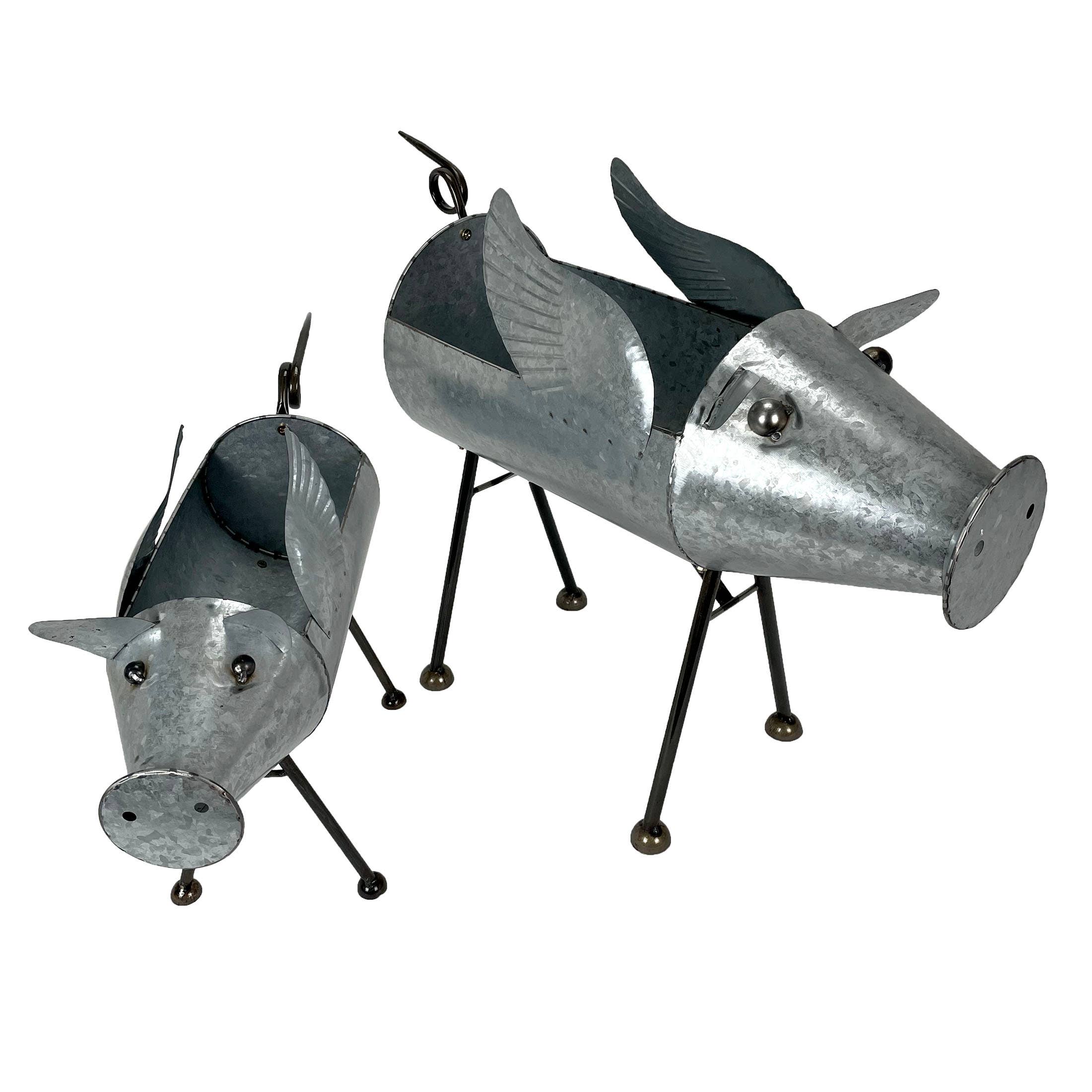 SM Distressed Galvanized Gray Metal Flying Pig Planter