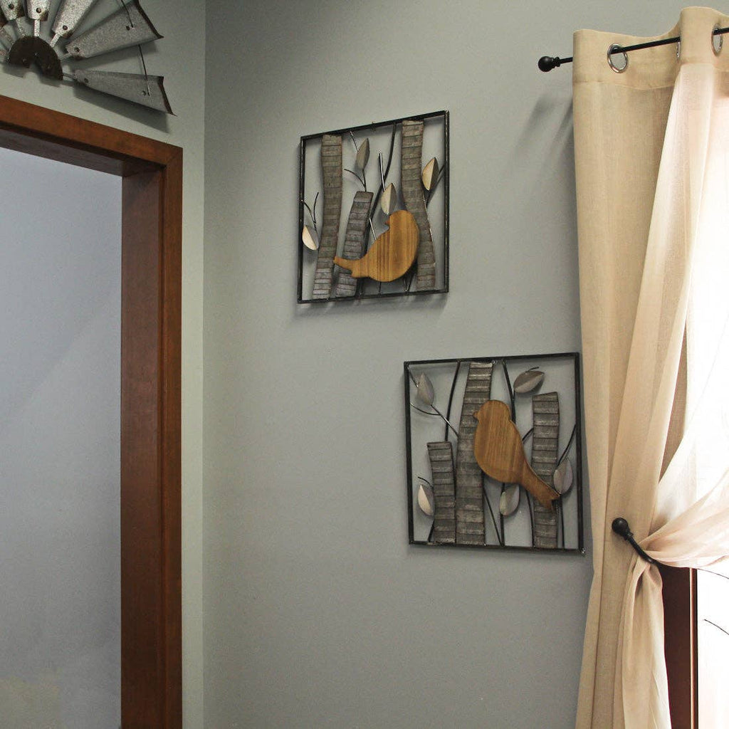 Set of 2 Rustic Wood & Metal Leaf Birds Wall Art