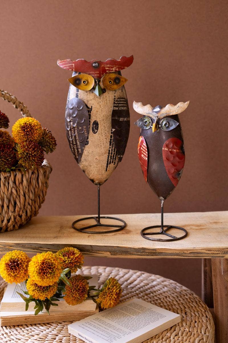 RECYCLED IRON OWLS ON STANDS