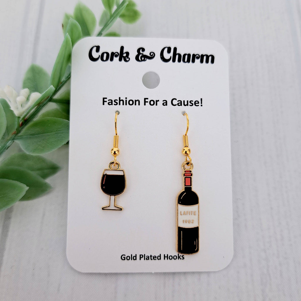 Asymmetrical Red Wine Glass Bottle Drink Enamel Gold Earrings
