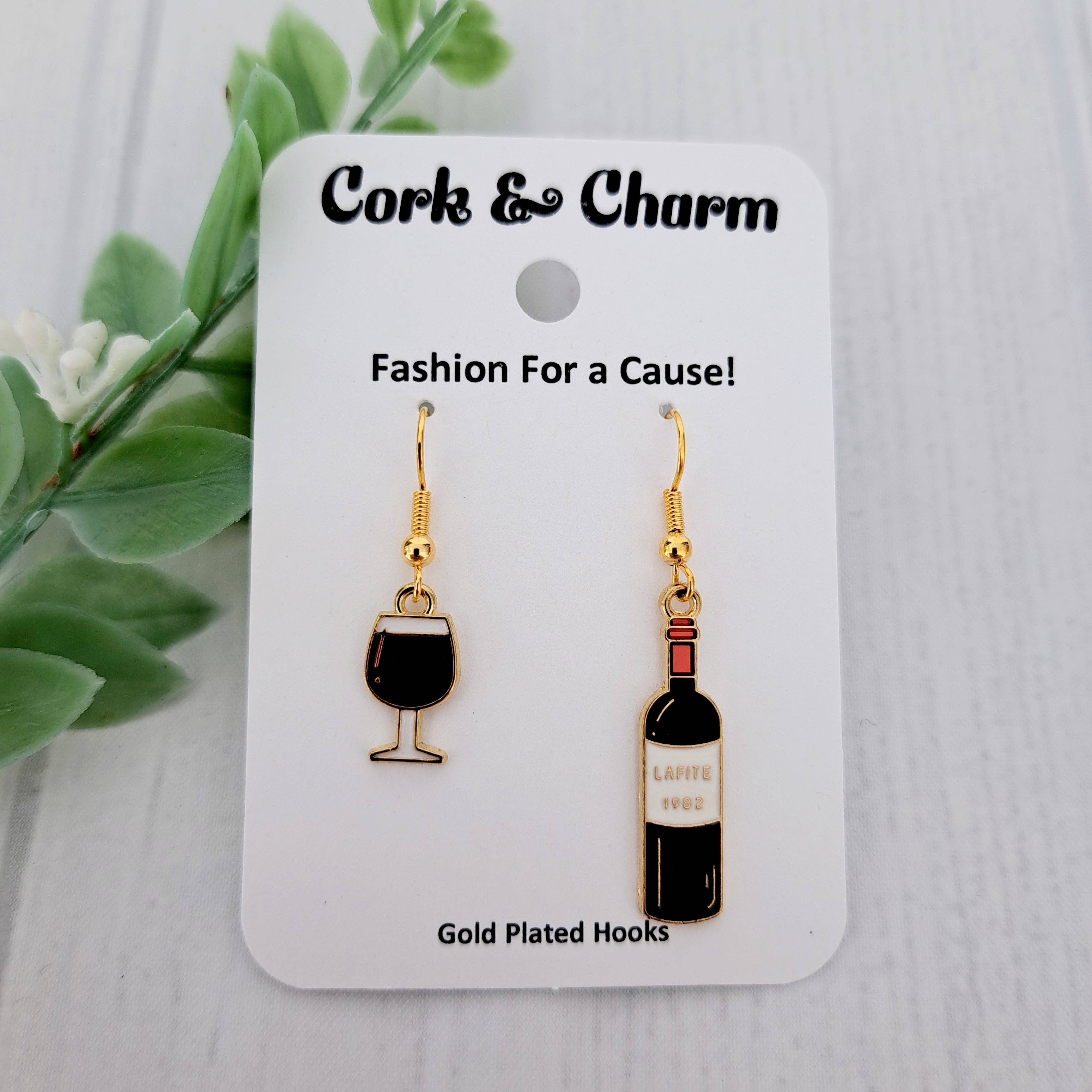 Asymmetrical Red Wine Glass Bottle Drink Enamel Gold Earrings