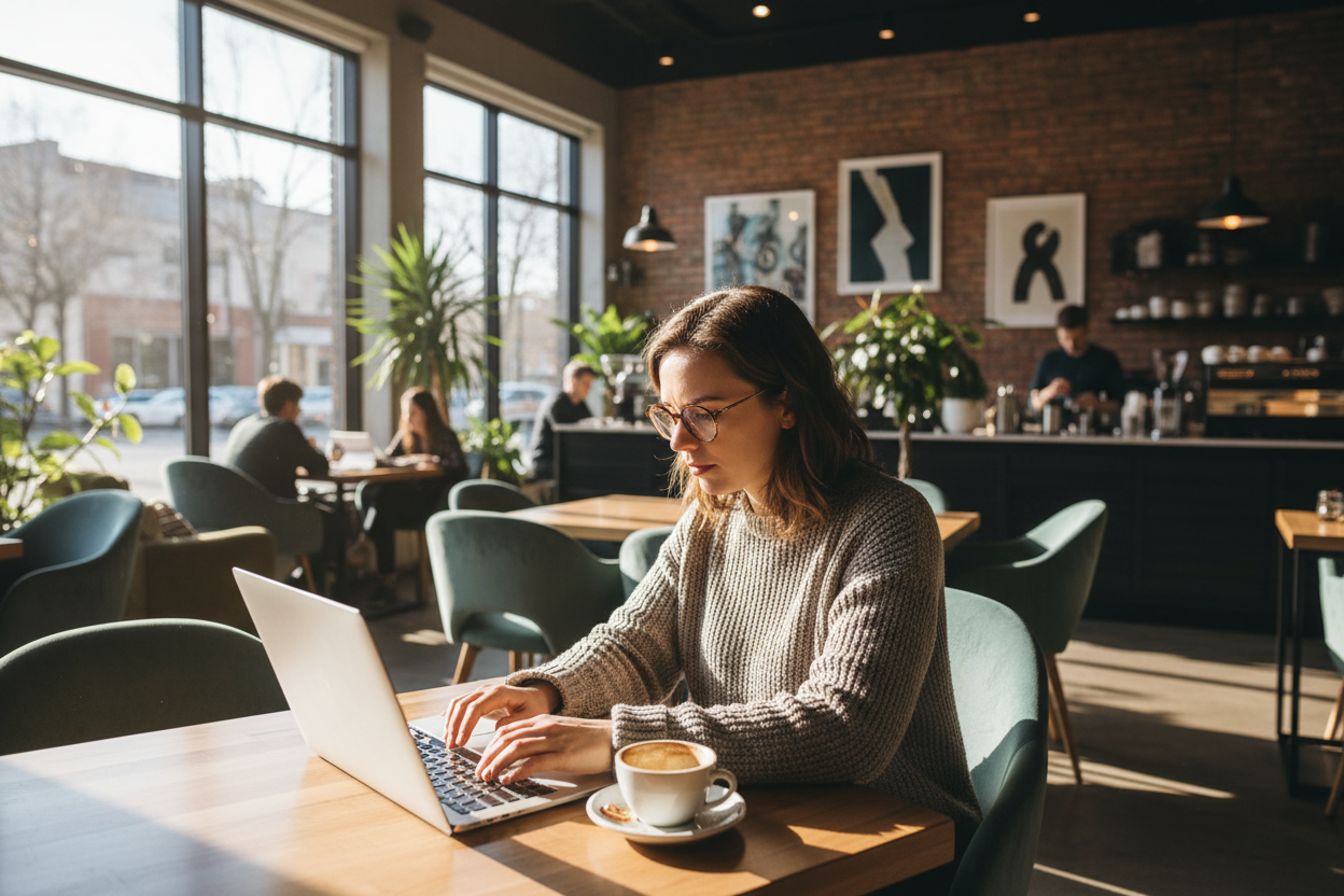 a person working on their laptop in a cafe