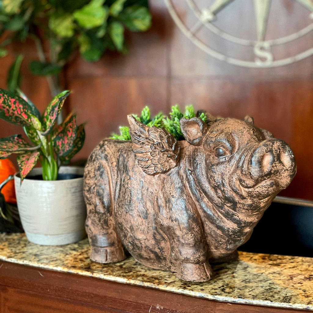 Whimsical Flying Pig Planter with Drain Hole – 17 Inch