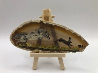 Coyote Chasing Rabbit on Agate 3"x 5"