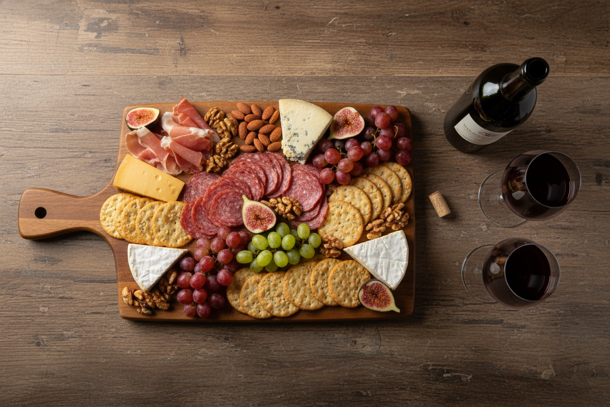 an overhead view of charcuterie and wine 