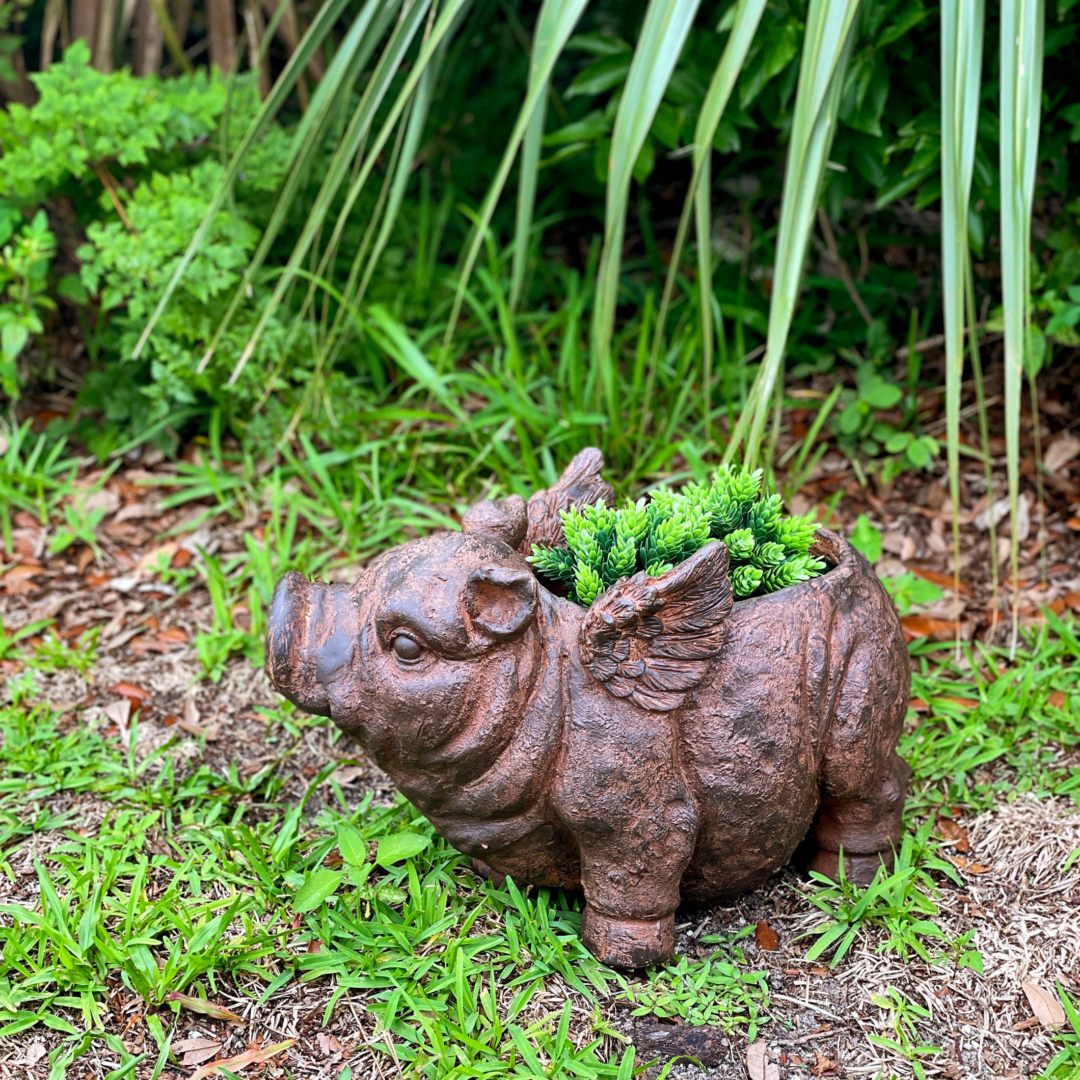 Whimsical Flying Pig Planter with Drain Hole – 17 Inch