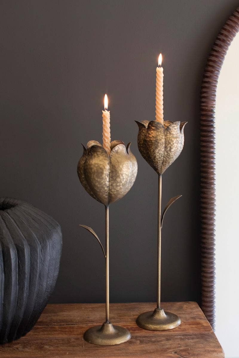SET OF TWO ANTIQUE BRASS TULIP TAPER CANDLE HOLDERS