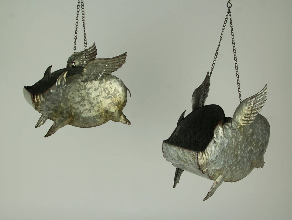 LG Distressed Metal Flying Pig Hanging Planters