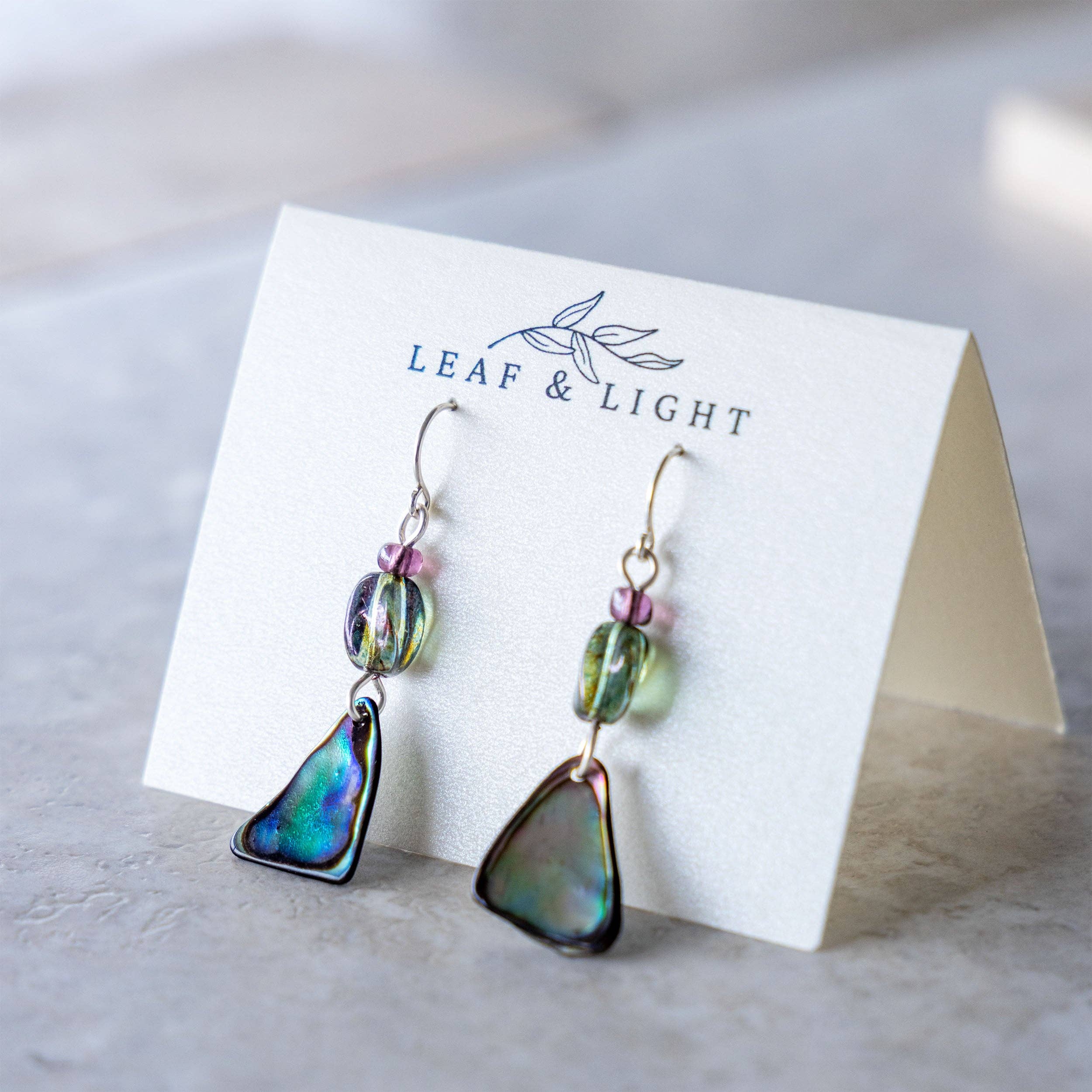 PAUA SHELL EARRINGS WITH VINTAGE GLASS | STERLING SILVER DANGLY EARRINGS