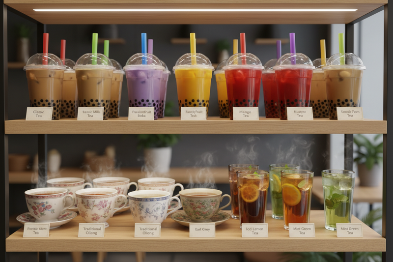 boba and hot cold teas on a shelf