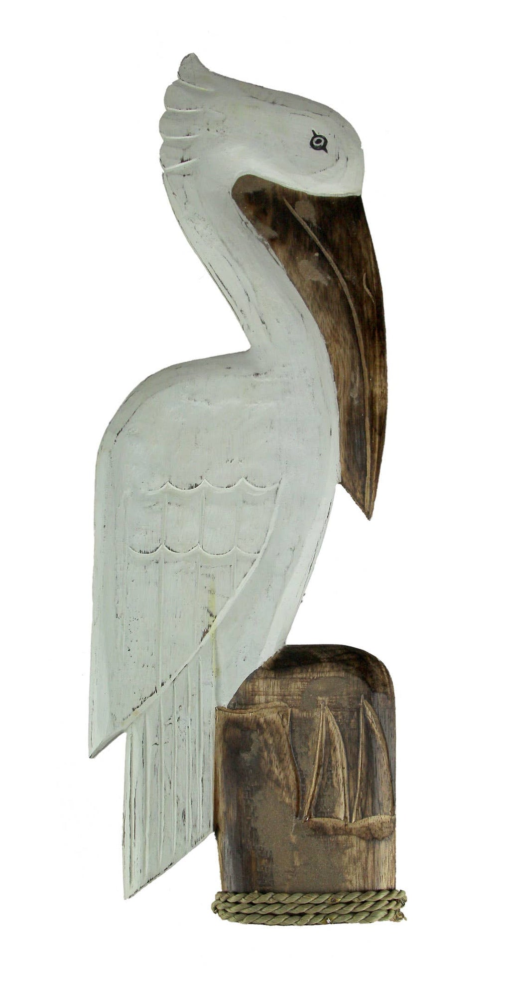 White Wood Pelican Perched On Nautical Piling Wall Sculpture