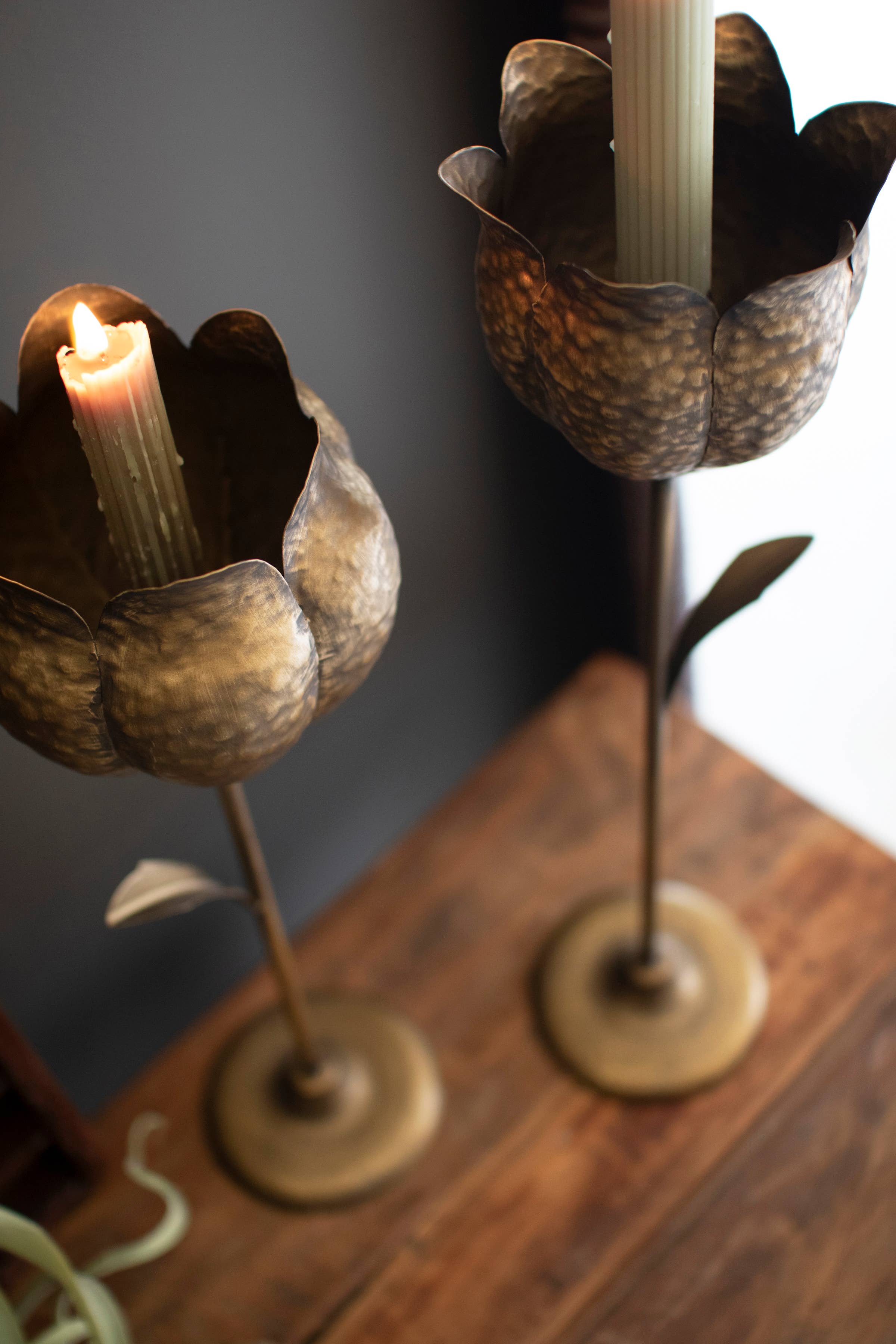 SET OF TWO ANTIQUE BRASS TULIP TAPER CANDLE HOLDERS