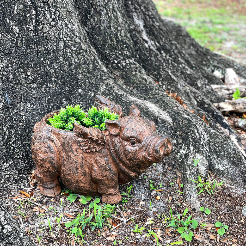 Whimsical Flying Pig Planter with Drain Hole – 17 Inch