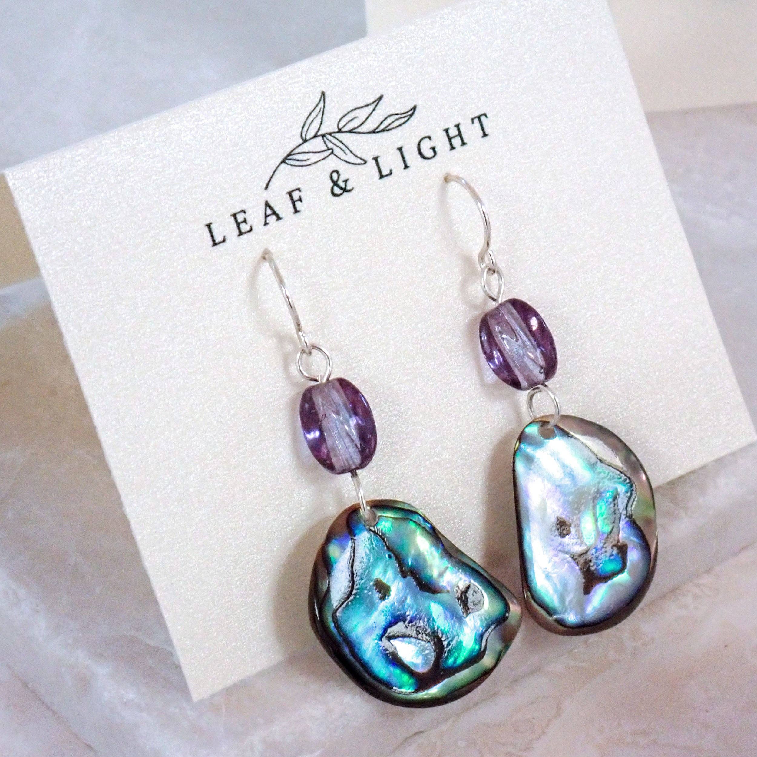 PAUA SHELL EARRINGS WITH VINTAGE GLASS | STERLING SILVER DANGLY EARRINGS