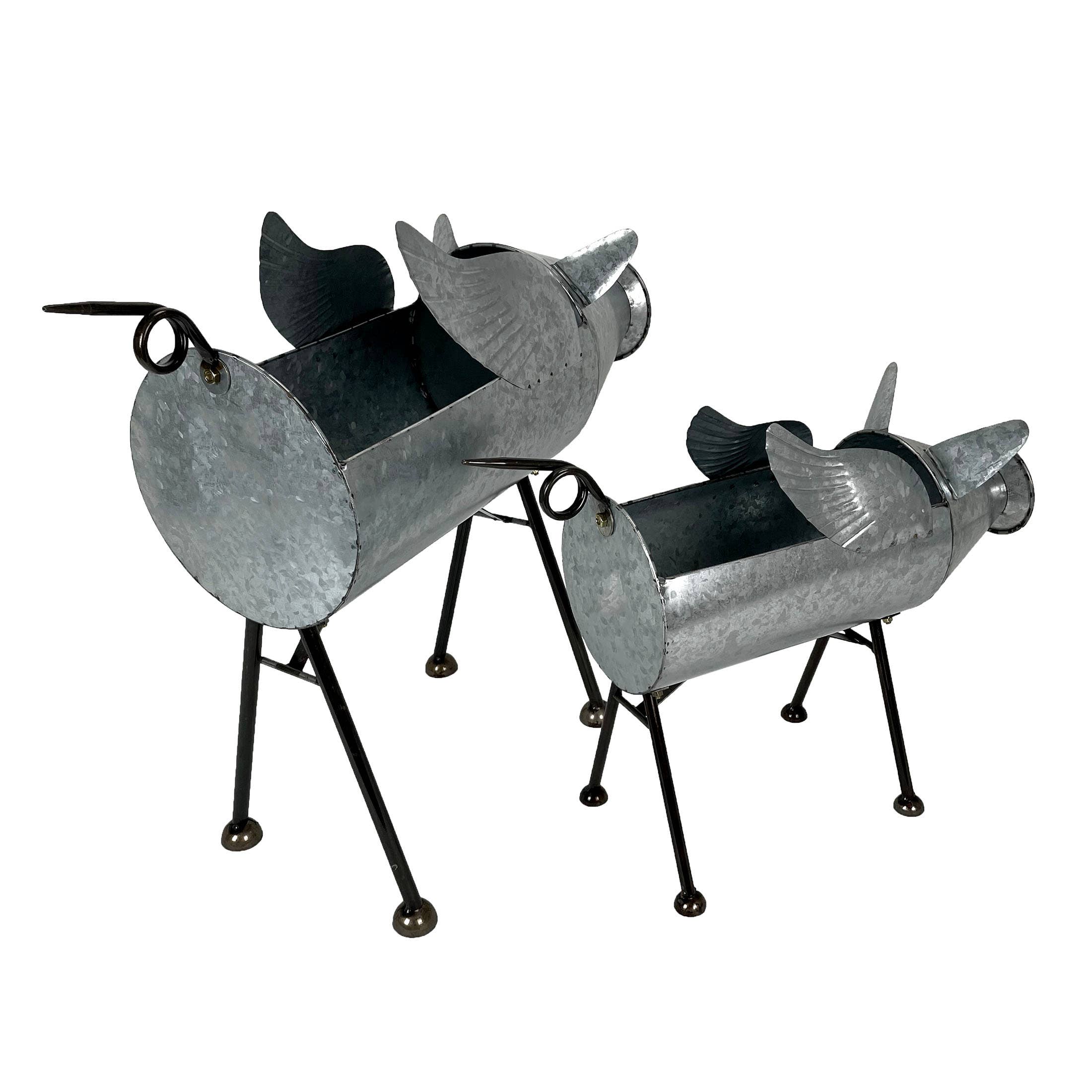 SM Distressed Galvanized Gray Metal Flying Pig Planter