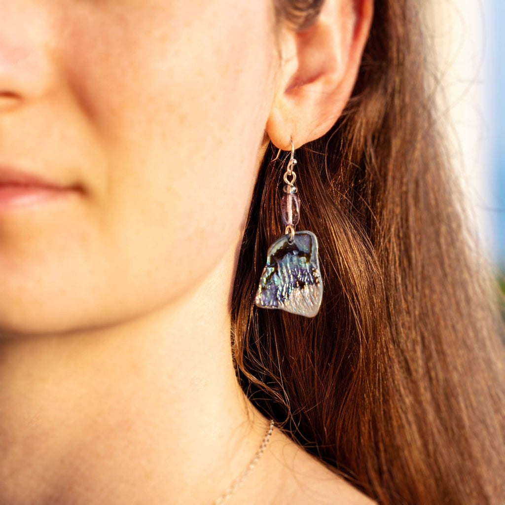 PAUA SHELL EARRINGS WITH VINTAGE GLASS | STERLING SILVER DANGLY EARRINGS
