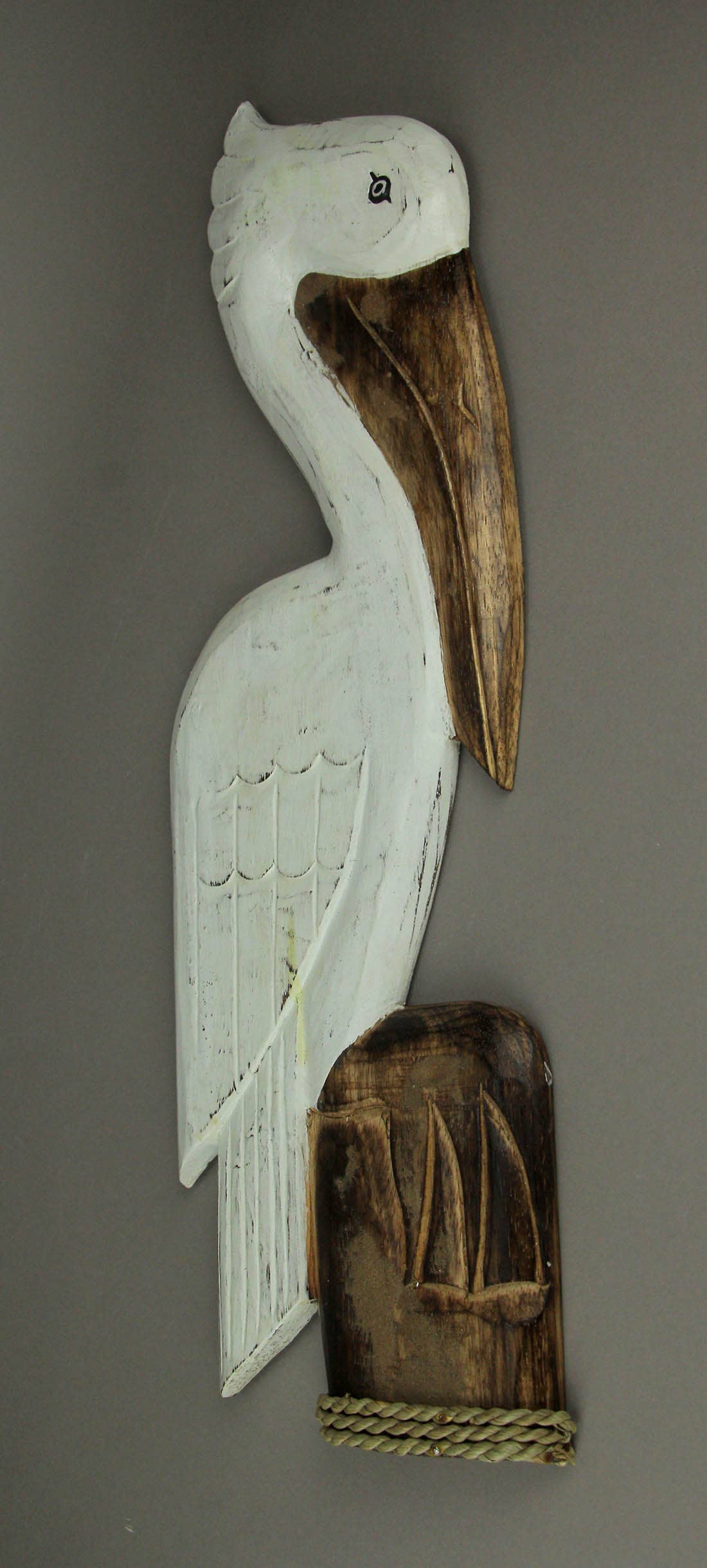 White Wood Pelican Perched On Nautical Piling Wall Sculpture